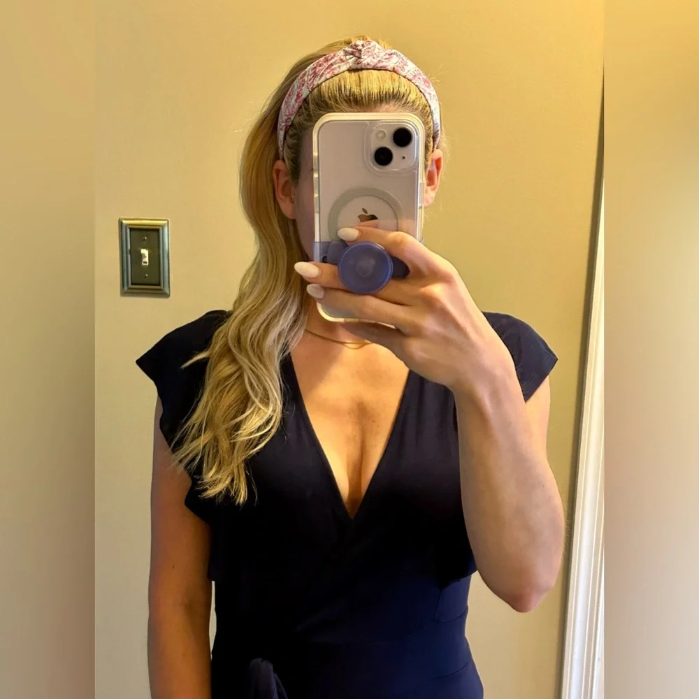 BNWT Navy Blue Faux Tie V-Neck Dress - Picture 5 of 10